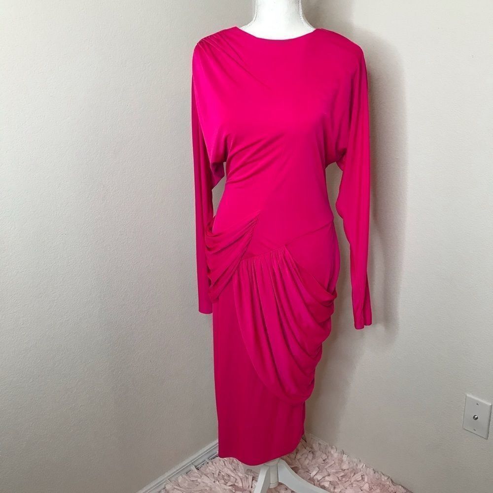 Vintage cascadei hot pink drape midi dress